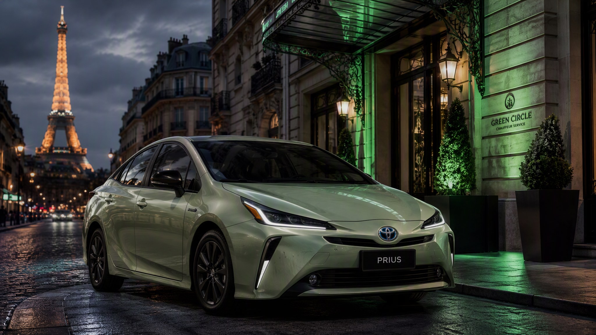 Toyota Prius hybride vert pistache, véhicule EcoVTC Paris